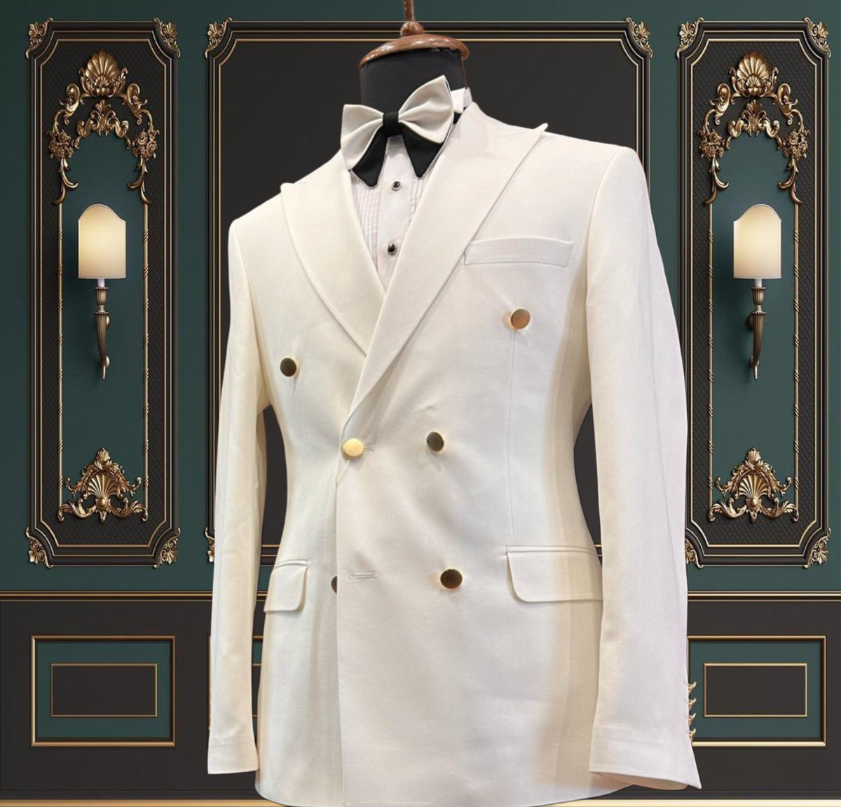 Men's Off-White Double Breasted Tuxedo with Gold Buttons and Peak Lapel