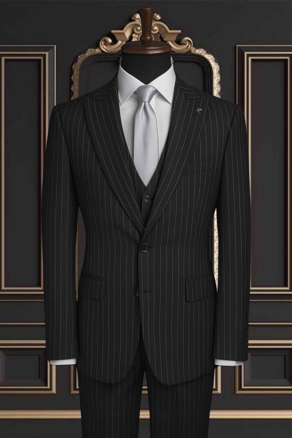 Men’s Black Pinstripe Suit with Silver Lines