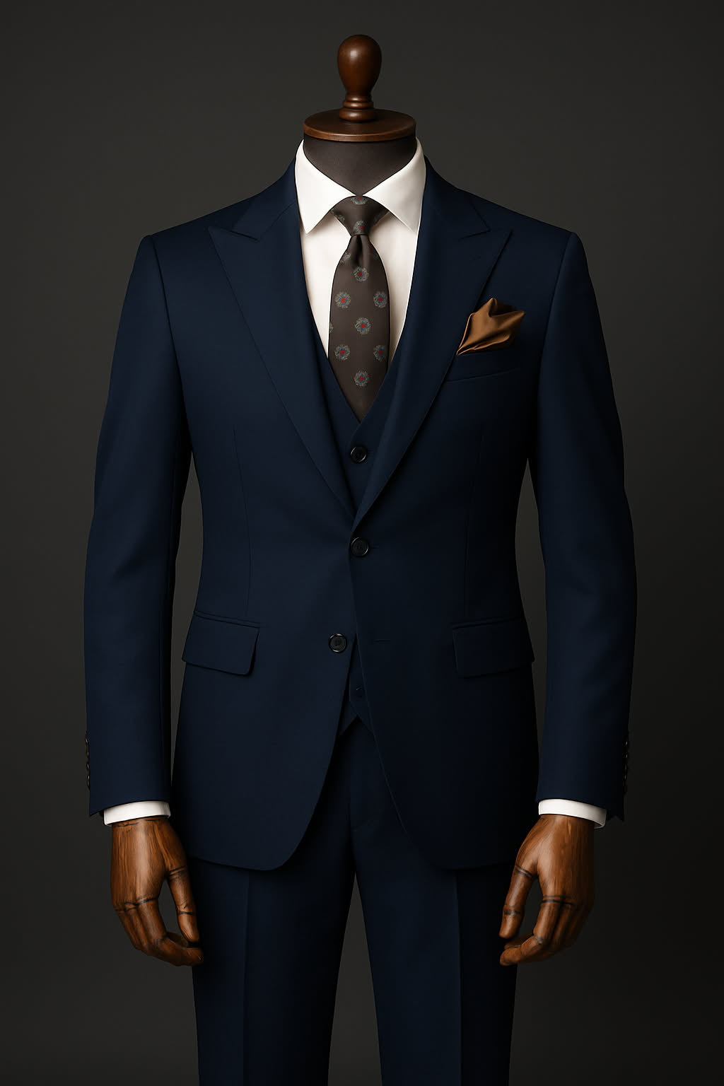 Men's Navy Blue 3-Piece Suit with Wide Peak Lapel
