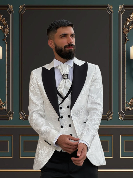 Men's White Floral Design Tuxedo with Peak Lapel | Weddings & Special Events