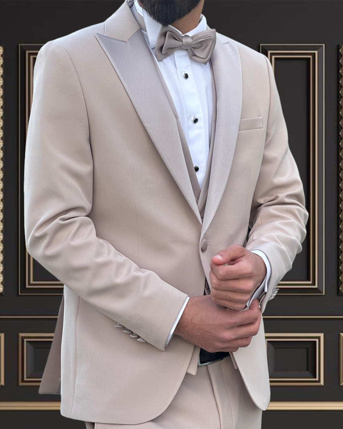 Men’s Premuim champagne Beige Tuxedo with Satin Peak Lapel