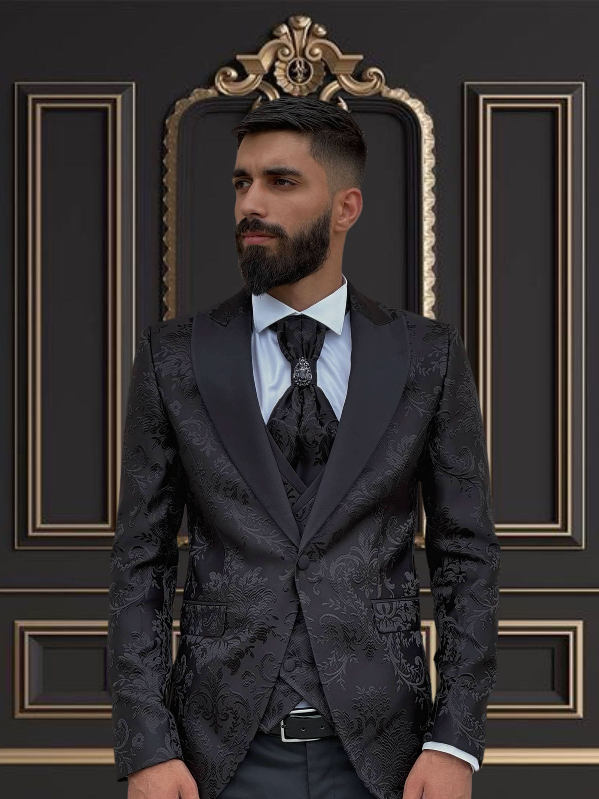 Men's Black Floral Design Tuxedo with Peak Lapel | Weddings & Events