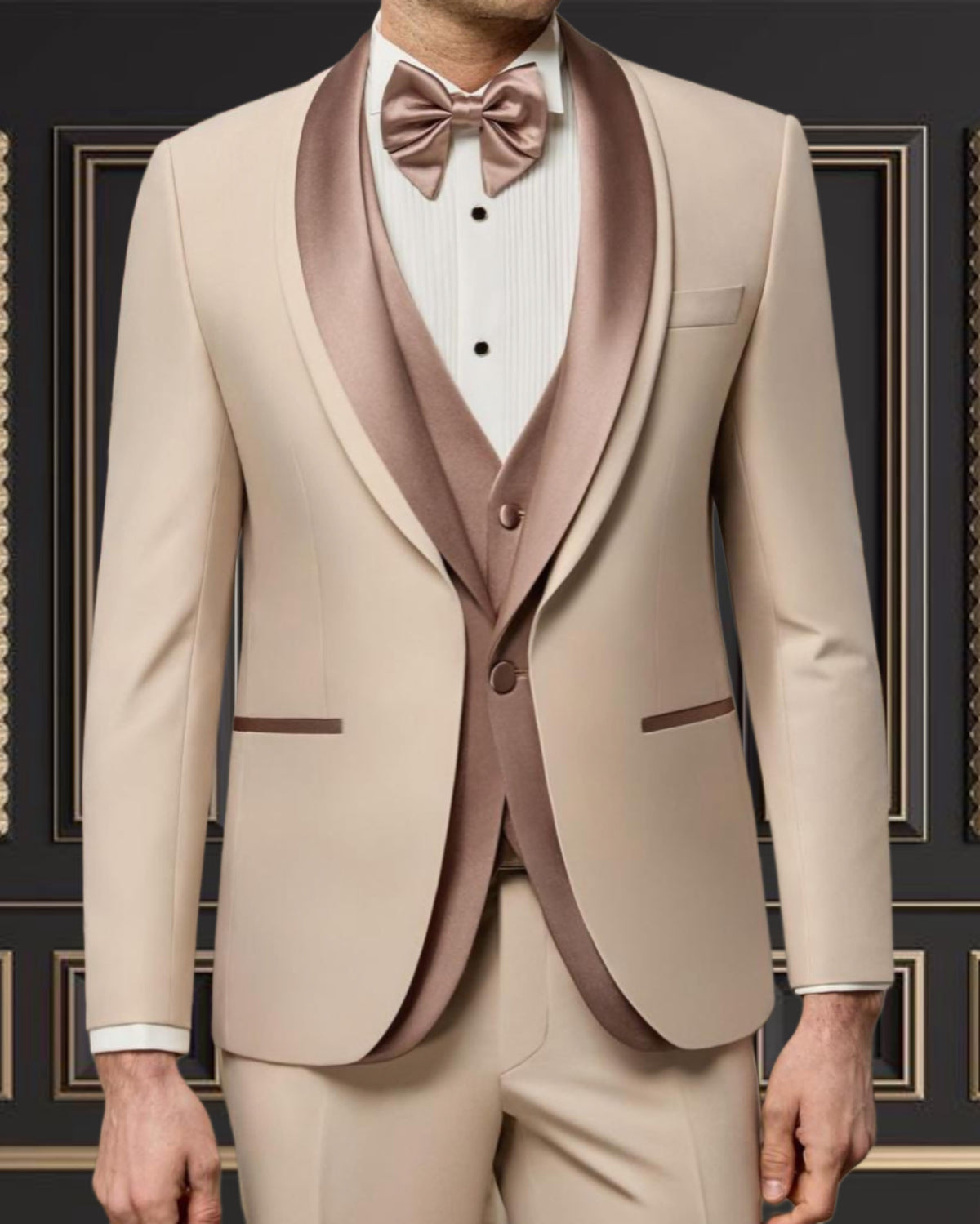 Men’s Beige Tuxedo with gold Shawl Lapel & Matching Vest