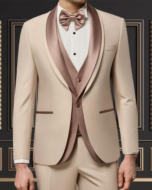 Men’s Beige Tuxedo with gold Shawl Lapel & Matching Vest