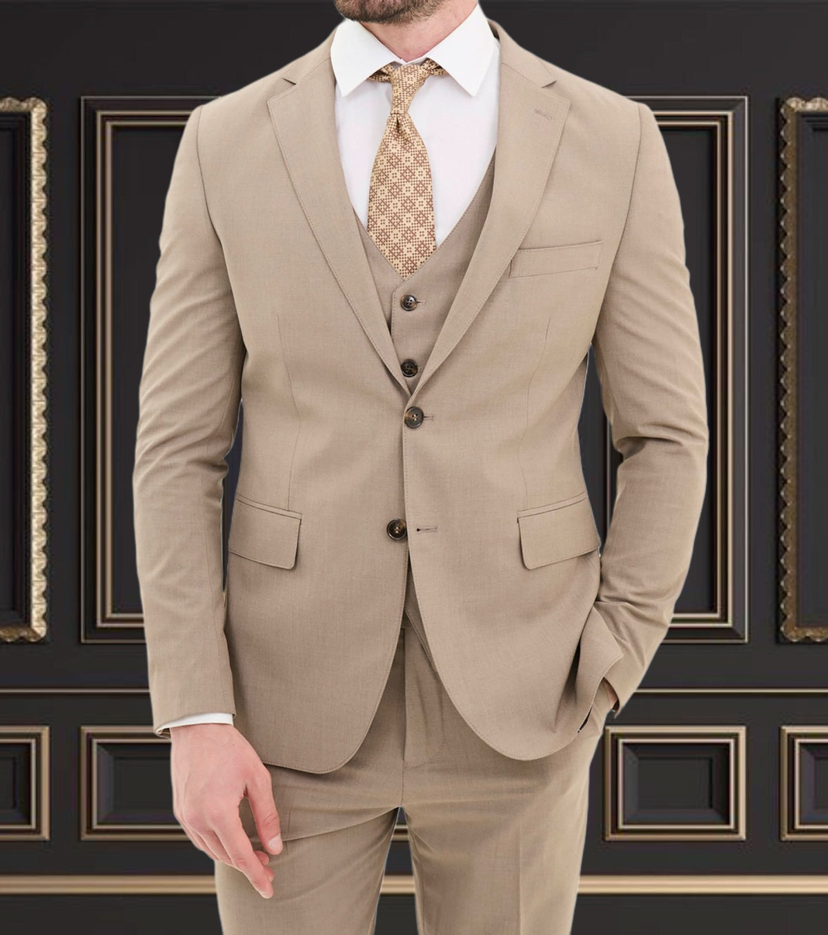 Men's beige slim fit suit, perfect for weddings and formal events, showcasing tailored elegance and modern style.