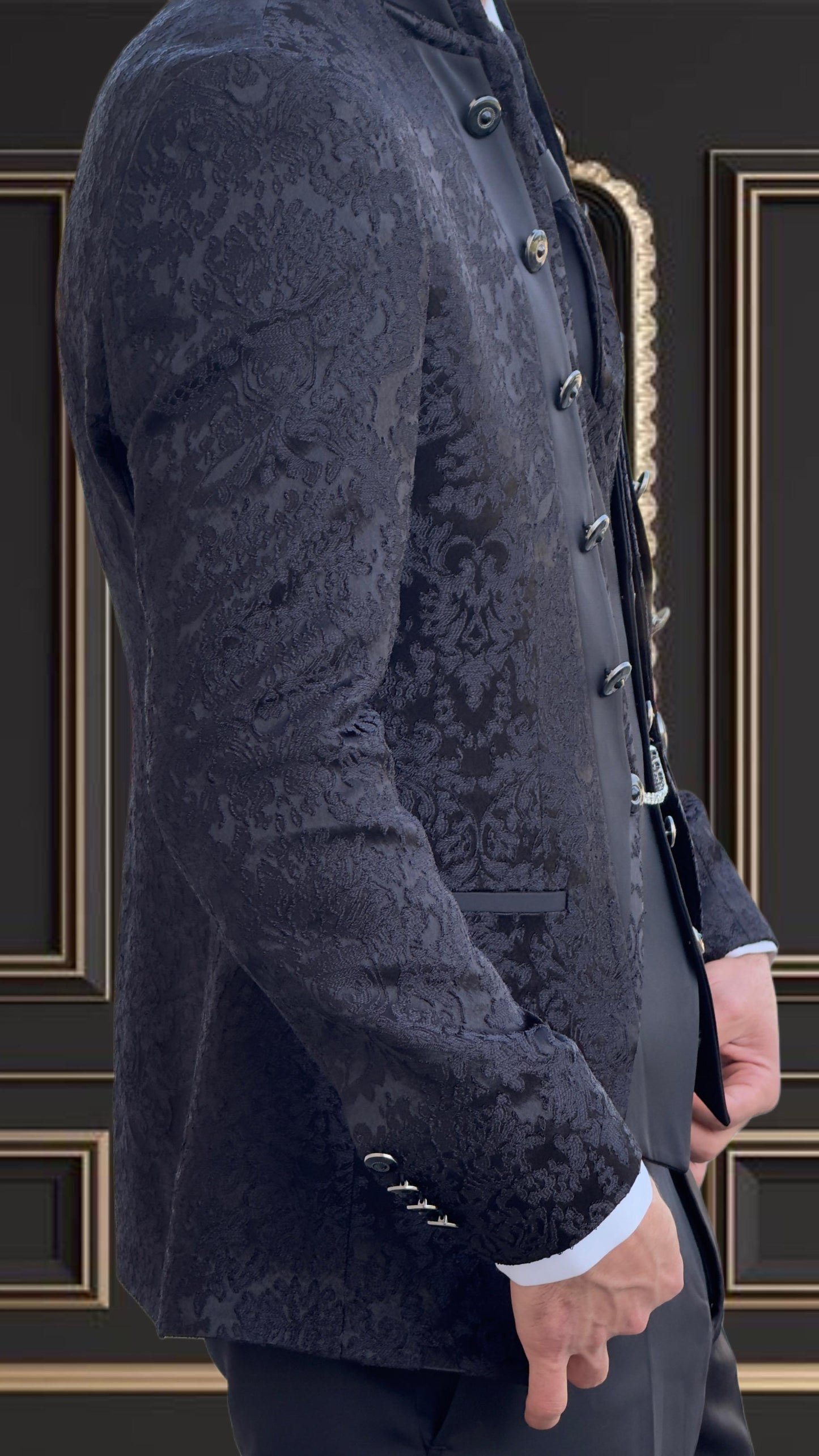 Men's Black Paisley Tuxedo Mandarin Collar Tuxedo | Premium Tux