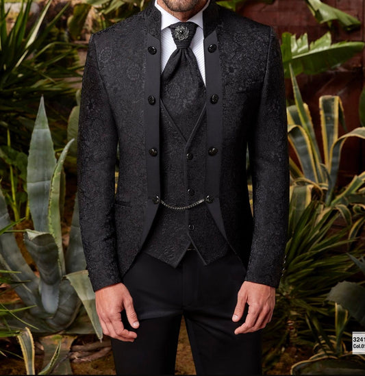 Men’s Black Jacquard Mandarin Collar Tuxedo