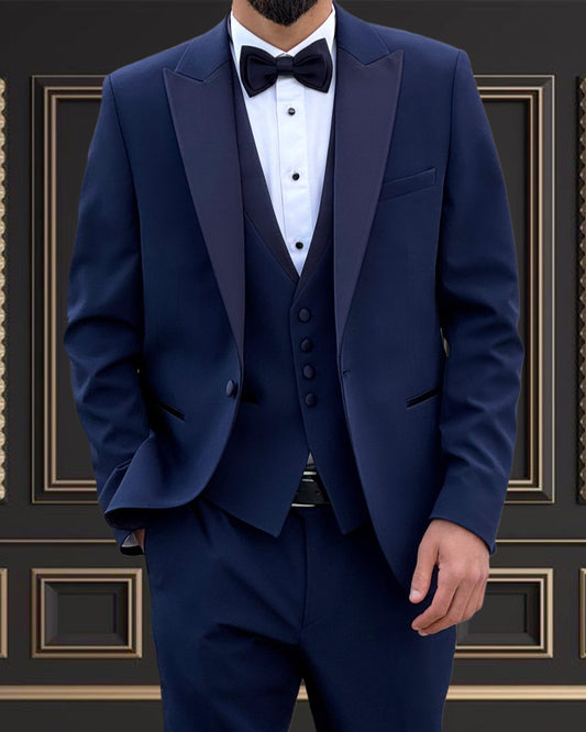 Men’s Navy Blue Tuxedo with Satin Peak Lapel | Super Stretch Premuim Fabric