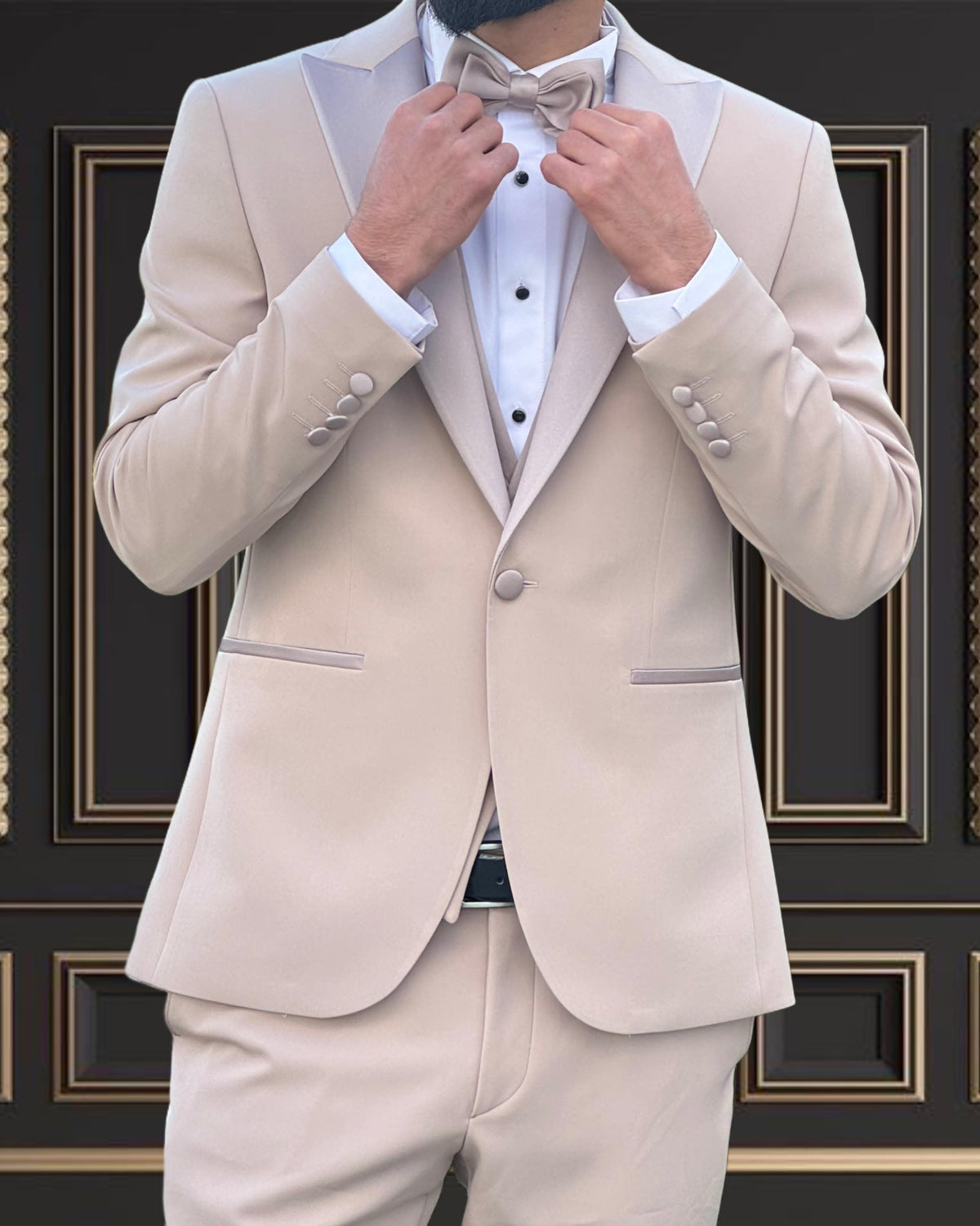 Men’s Premuim champagne Beige Tuxedo with Satin Peak Lapel