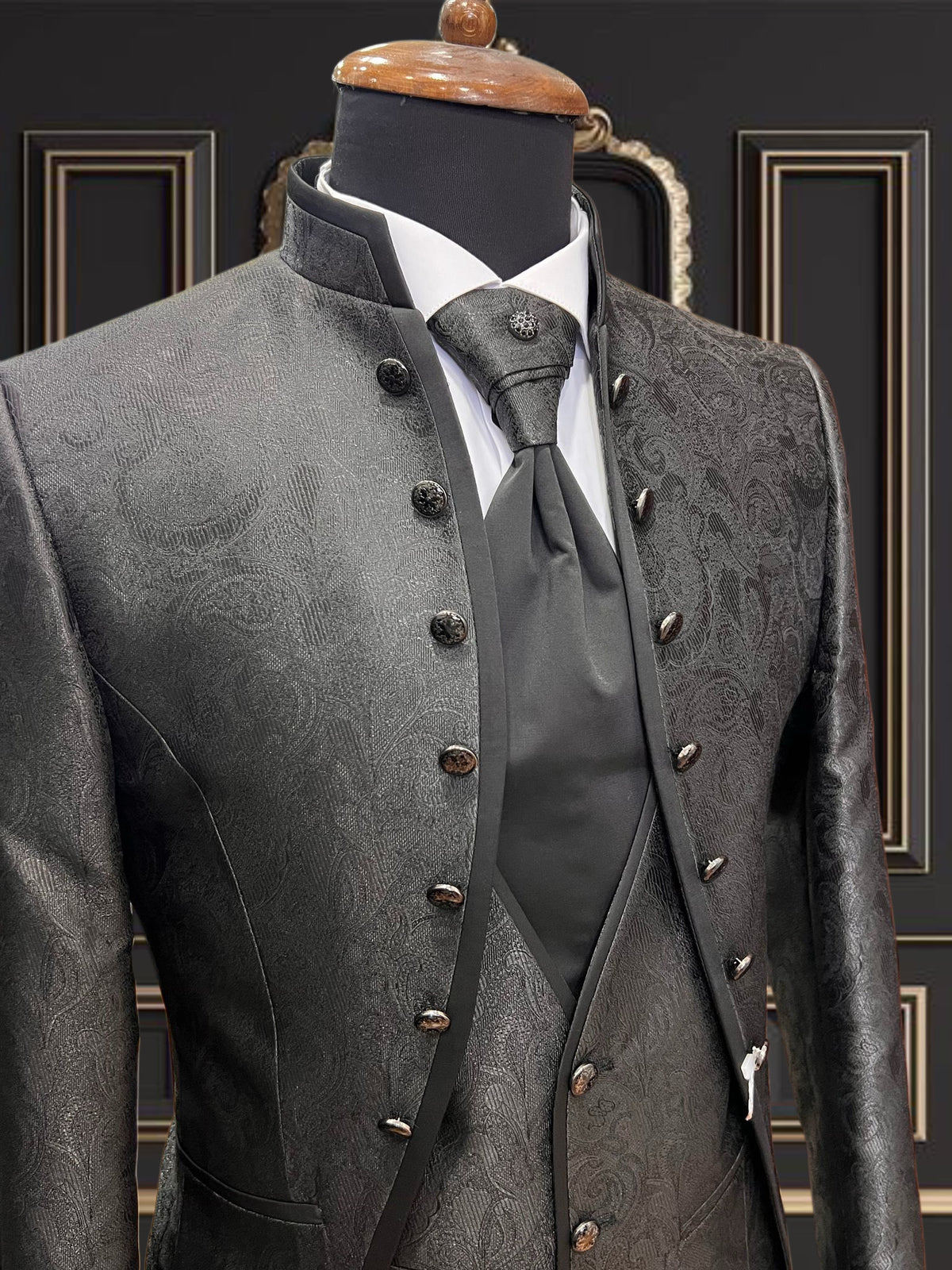 Men's Black Mandarin Collar Tuxedo with Floral Design – Stylish & Elegant
