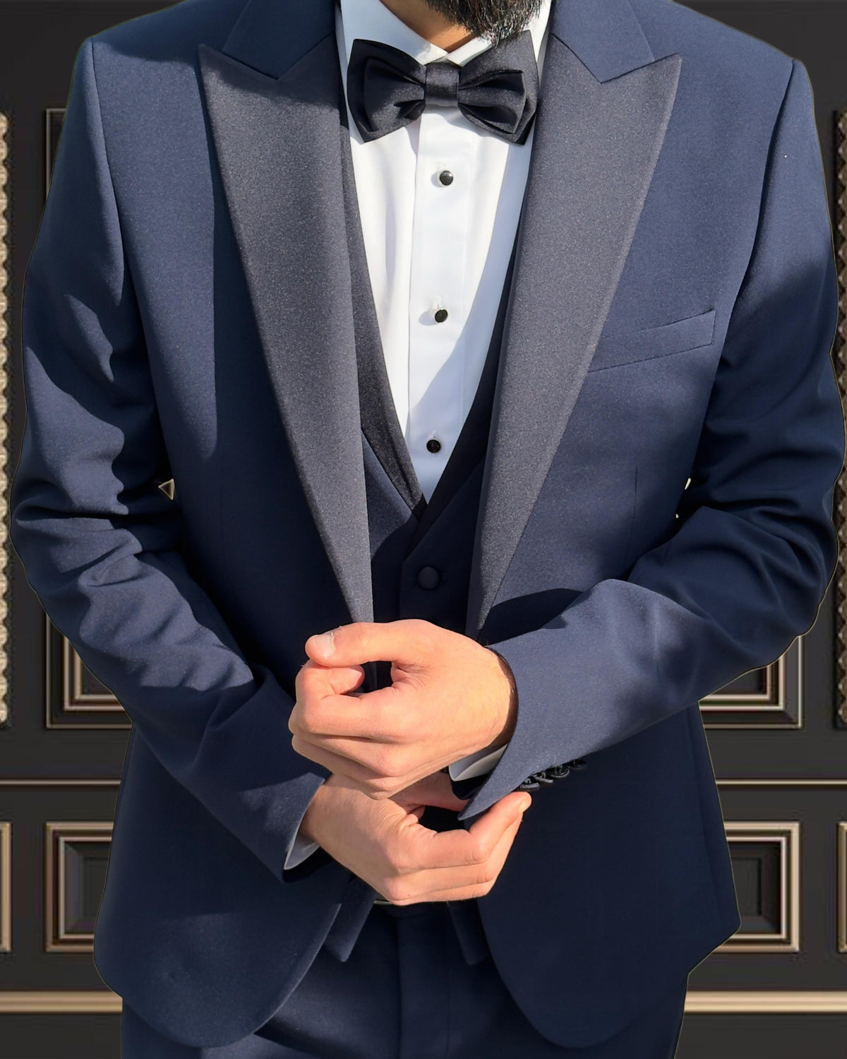 Men’s Navy Blue Tuxedo with Satin Peak Lapel | Super Stretch Premuim Fabric