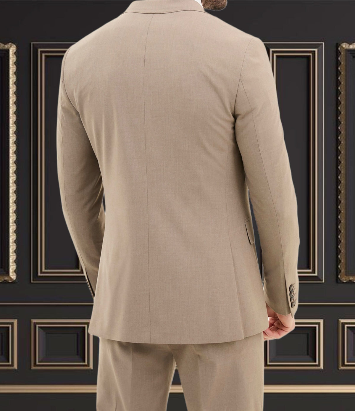 Men's beige slim fit suit back view, tailored formal wear for elegant events like weddings and parties.
