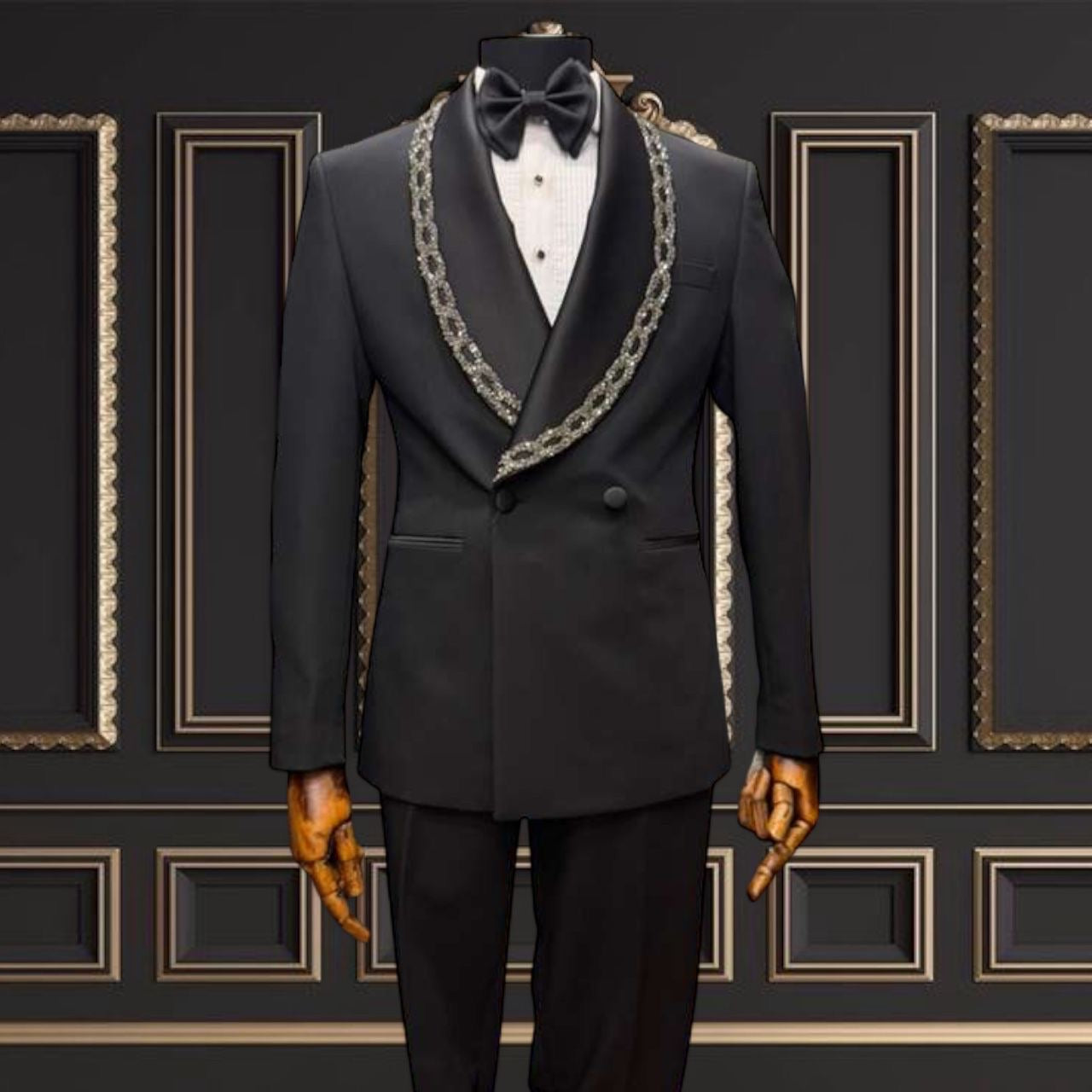 Men’s Black Double-Breasted Tuxedo with Embroidered Shawl Lapel