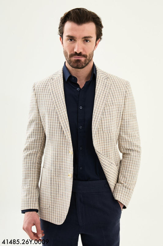 Men’s Cream Textured Plaid Blazer