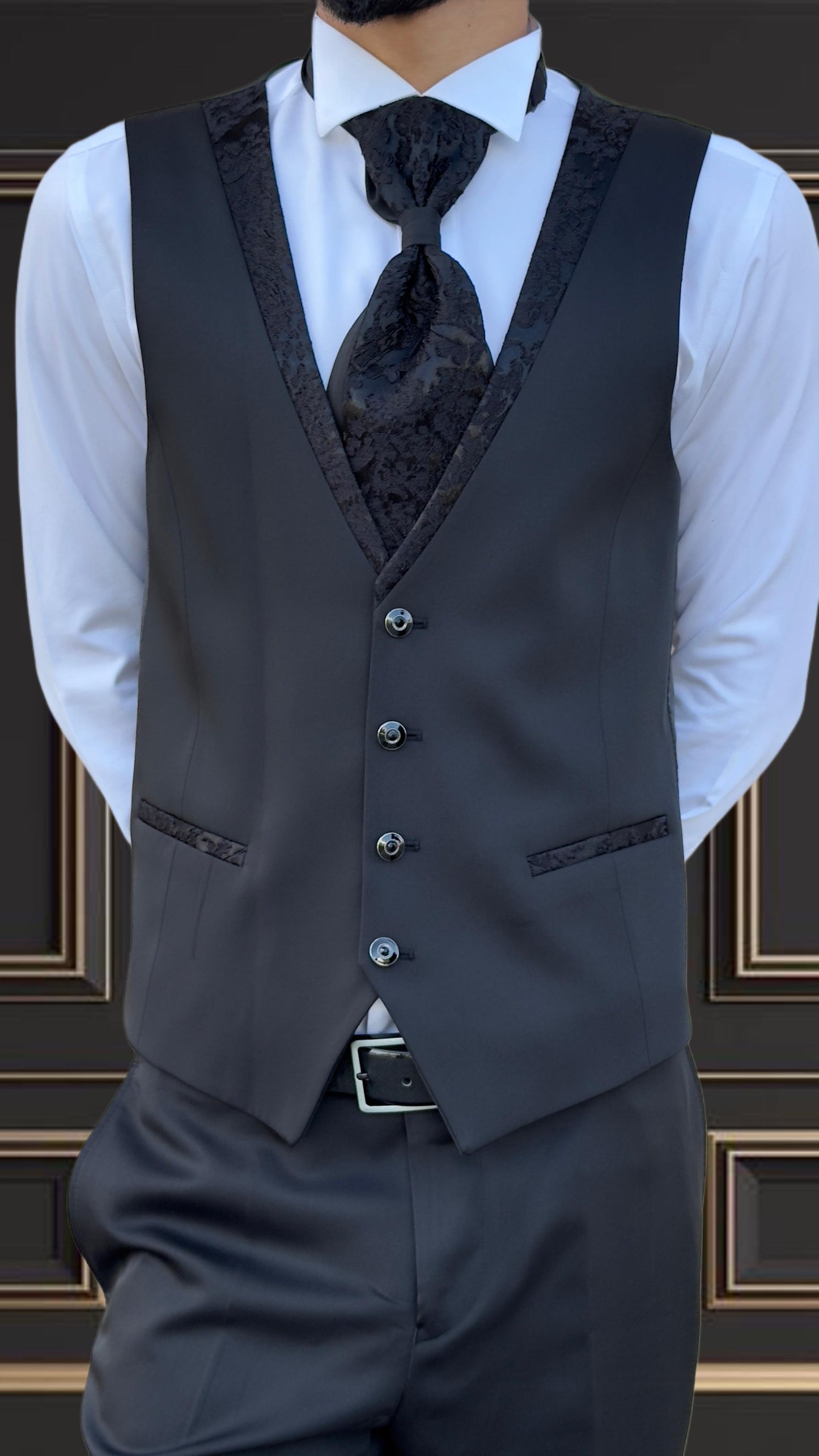 Men's Black Paisley Tuxedo Mandarin Collar Tuxedo | Premium Tux