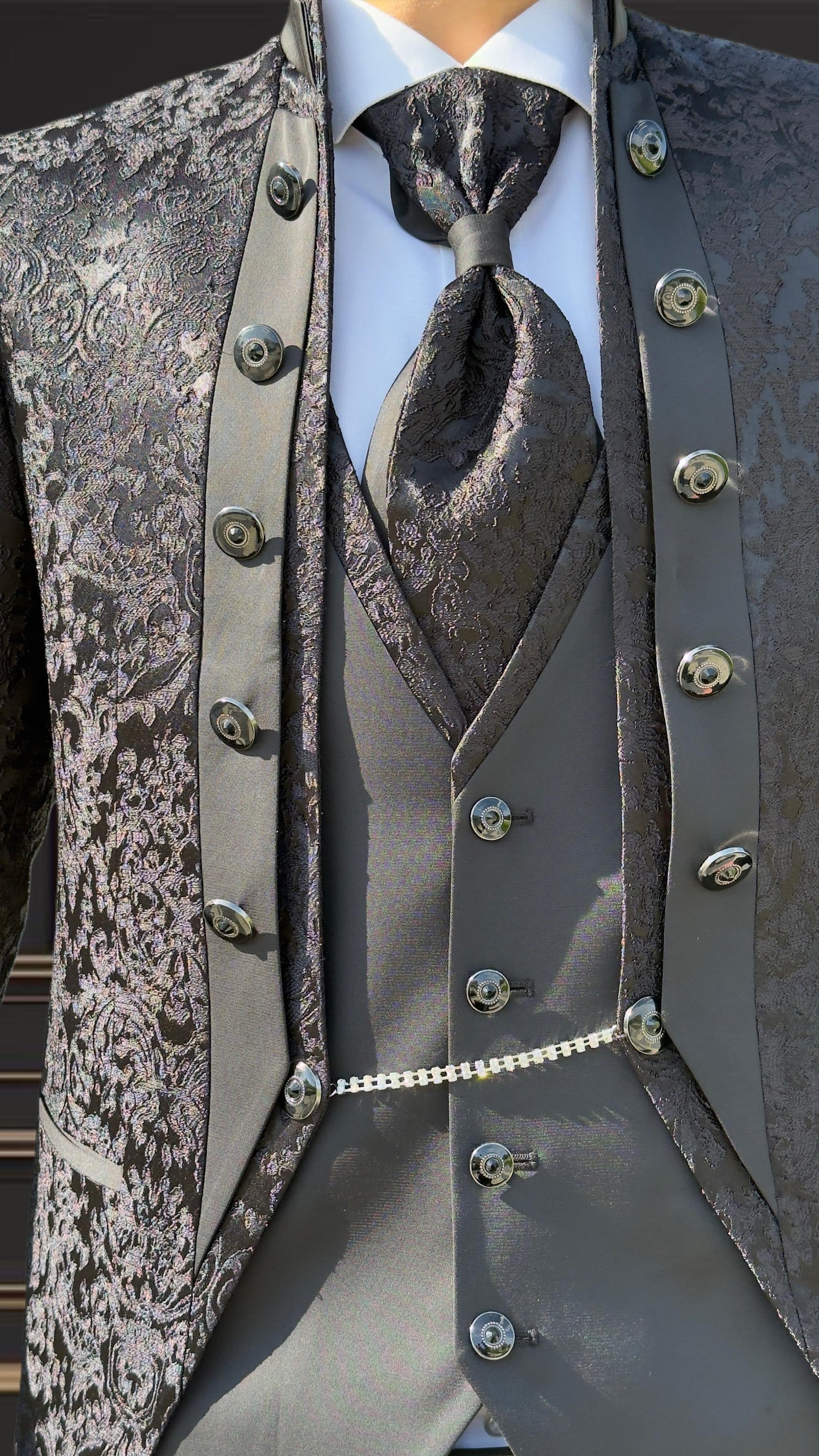 Men's Black Paisley Tuxedo Mandarin Collar Tuxedo | Premium Tux
