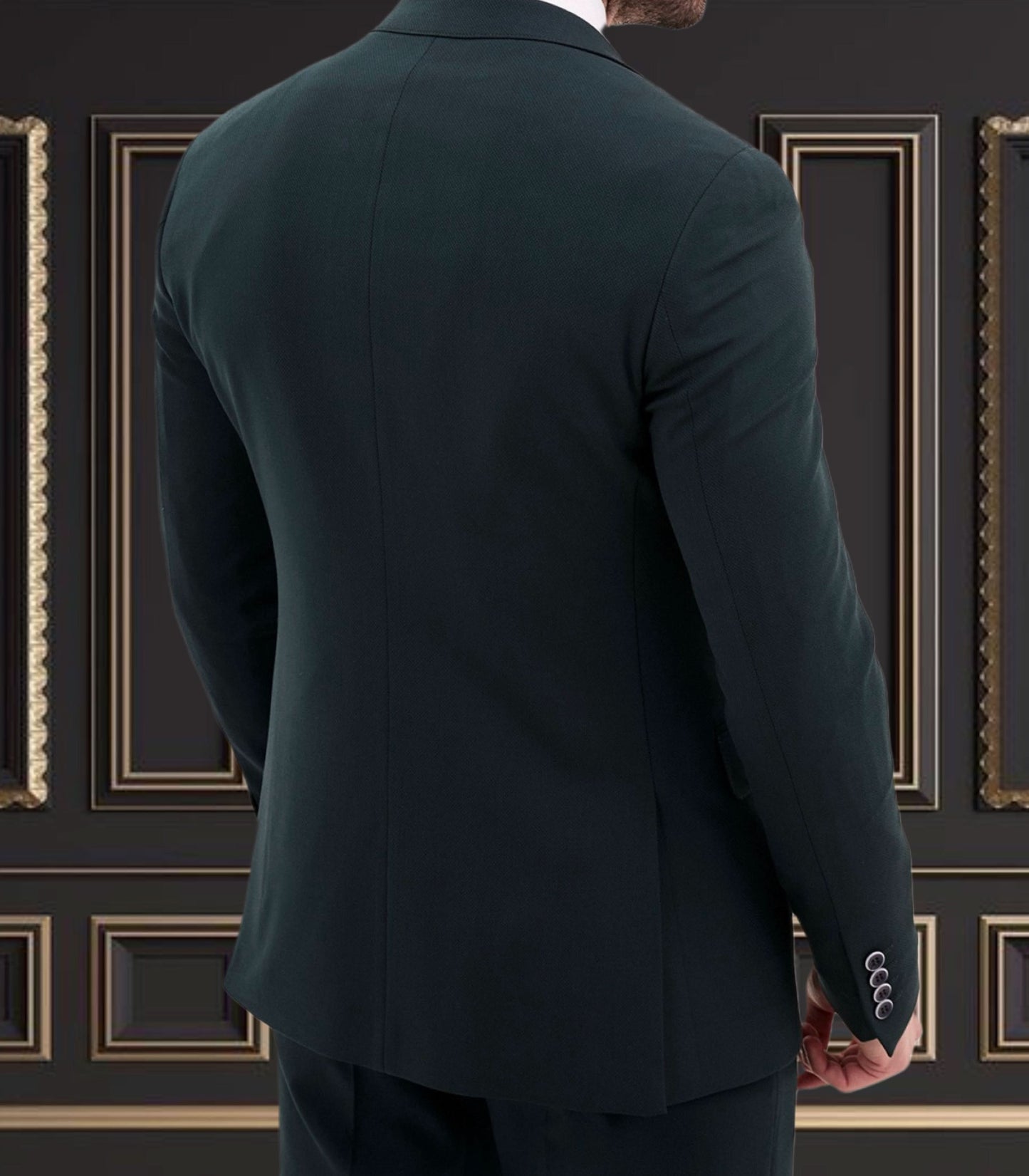Back view of a men's hunter green 3-piece suit blazer, showcasing tailored fit and elegant design.