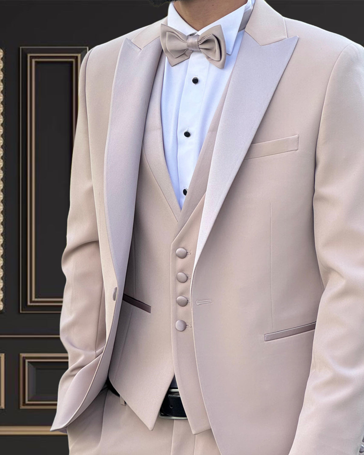 Men’s Premuim champagne Beige Tuxedo with Satin Peak Lapel