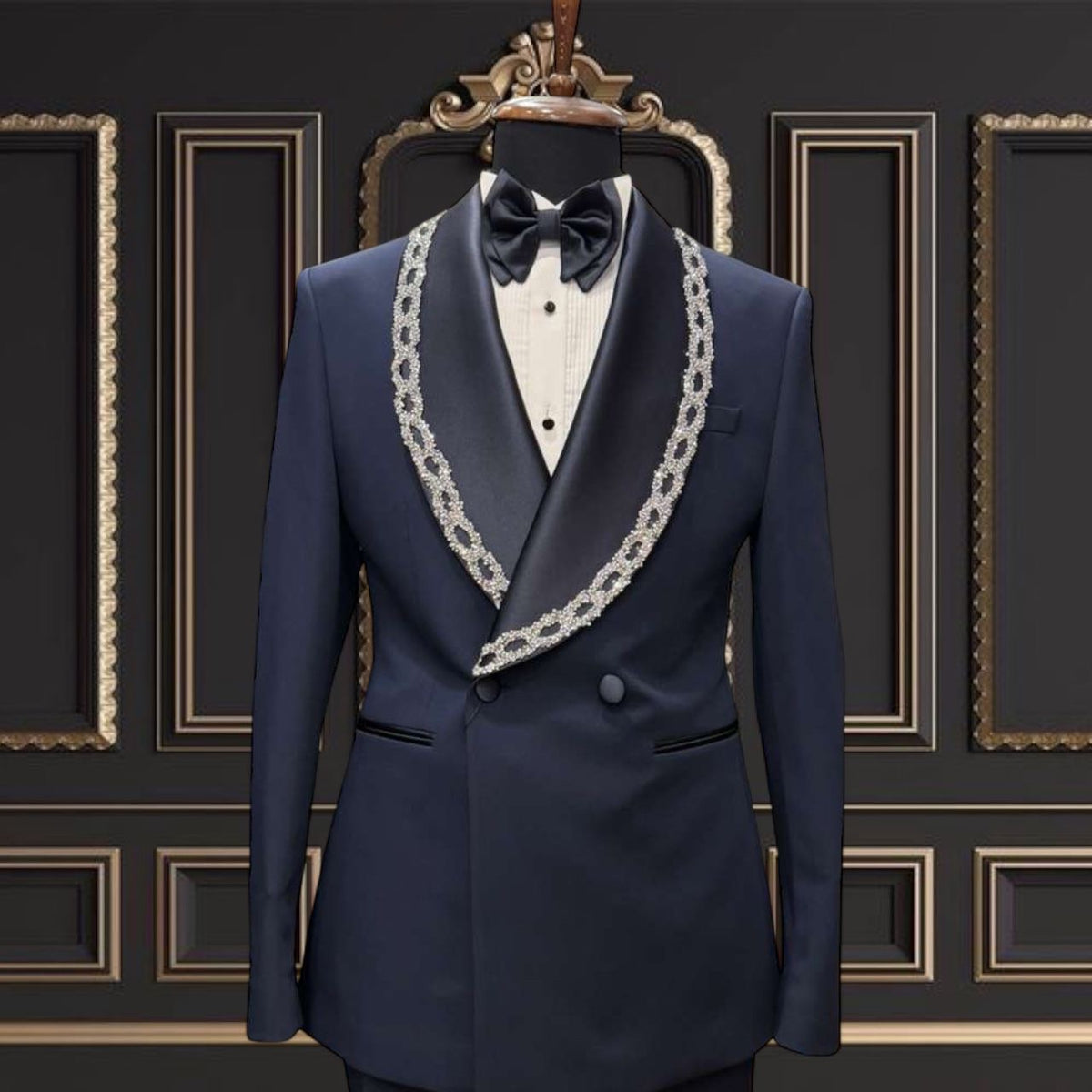 Men’s Navy Blue Double-Breasted Tuxedo with Embroidered Shawl Lapel