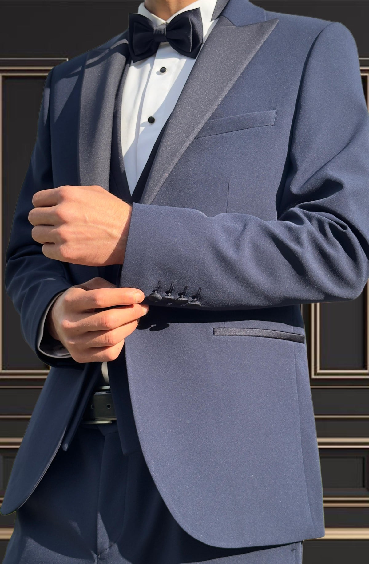Men’s Navy Blue Tuxedo with Satin Peak Lapel | Super Stretch Premuim Fabric