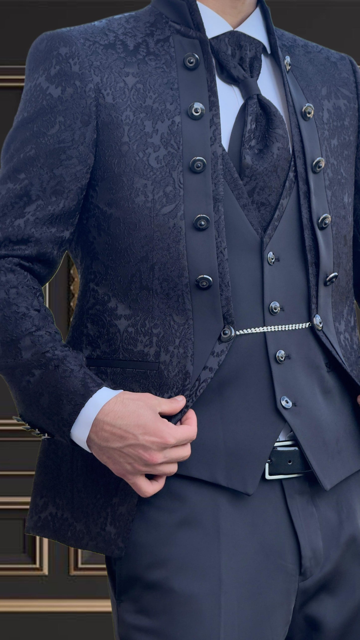 Men's Black Paisley Tuxedo Mandarin Collar Tuxedo | Premium Tux