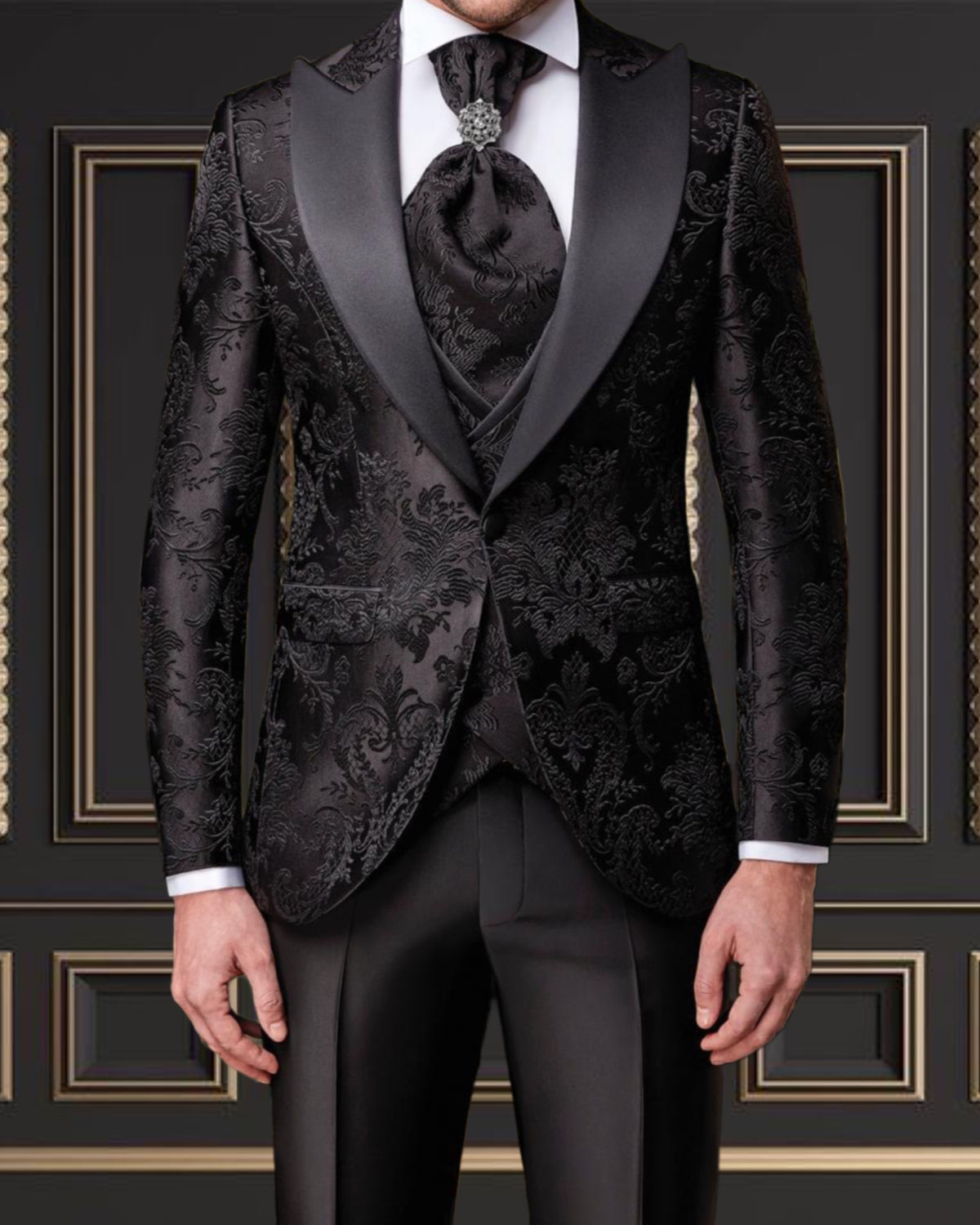 Men's Black Floral Design Tuxedo with Peak Lapel | Weddings & Events