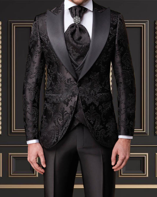 Men's Black Floral Design Tuxedo with Peak Lapel | Weddings & Events