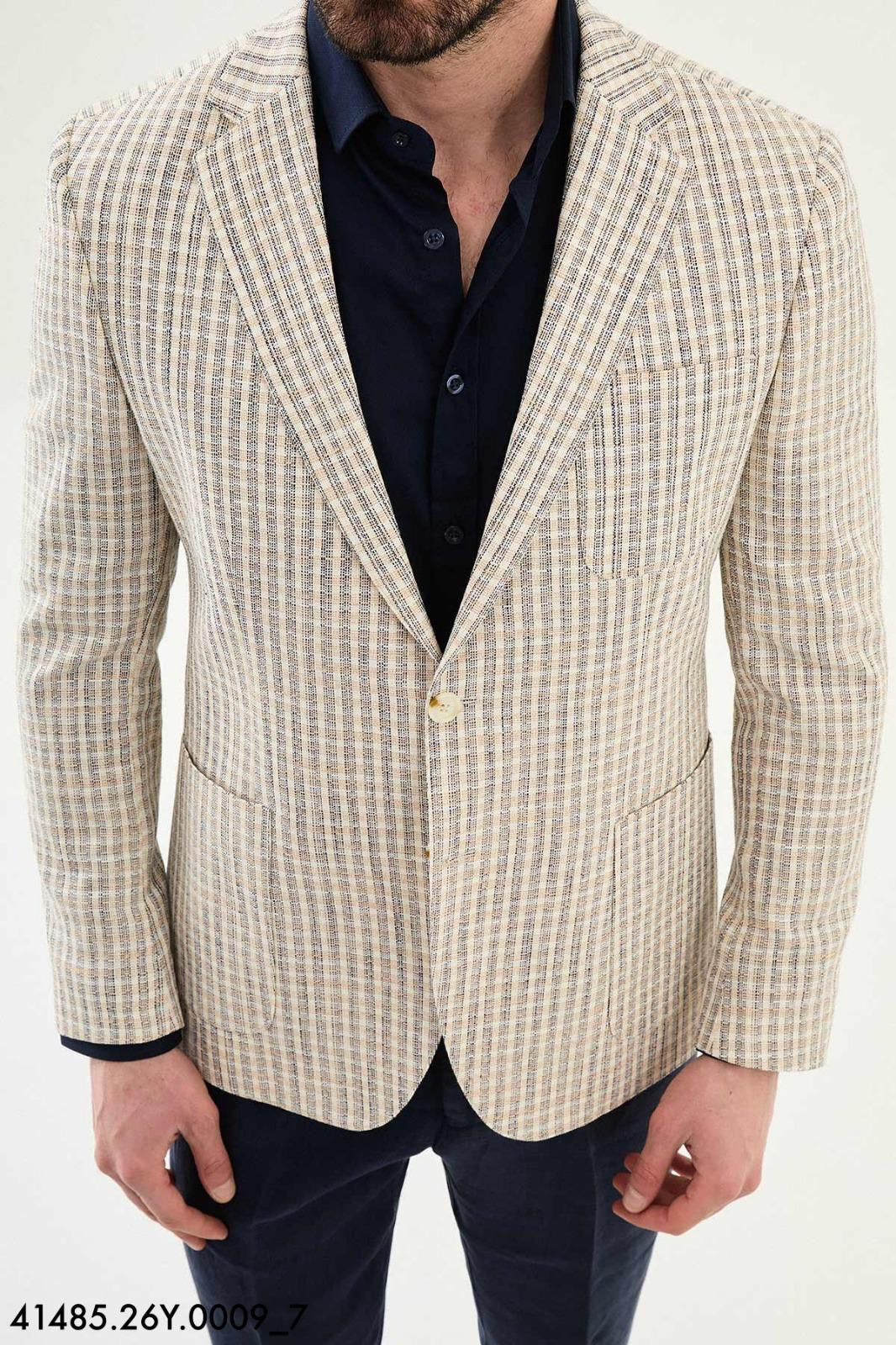 Men’s Cream Textured Plaid Blazer