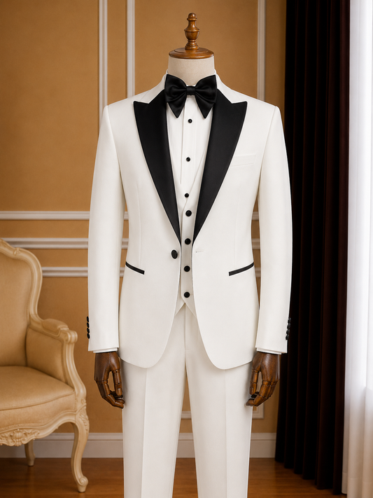 Men’s Off-White Satin Peak Lapel Tuxedo