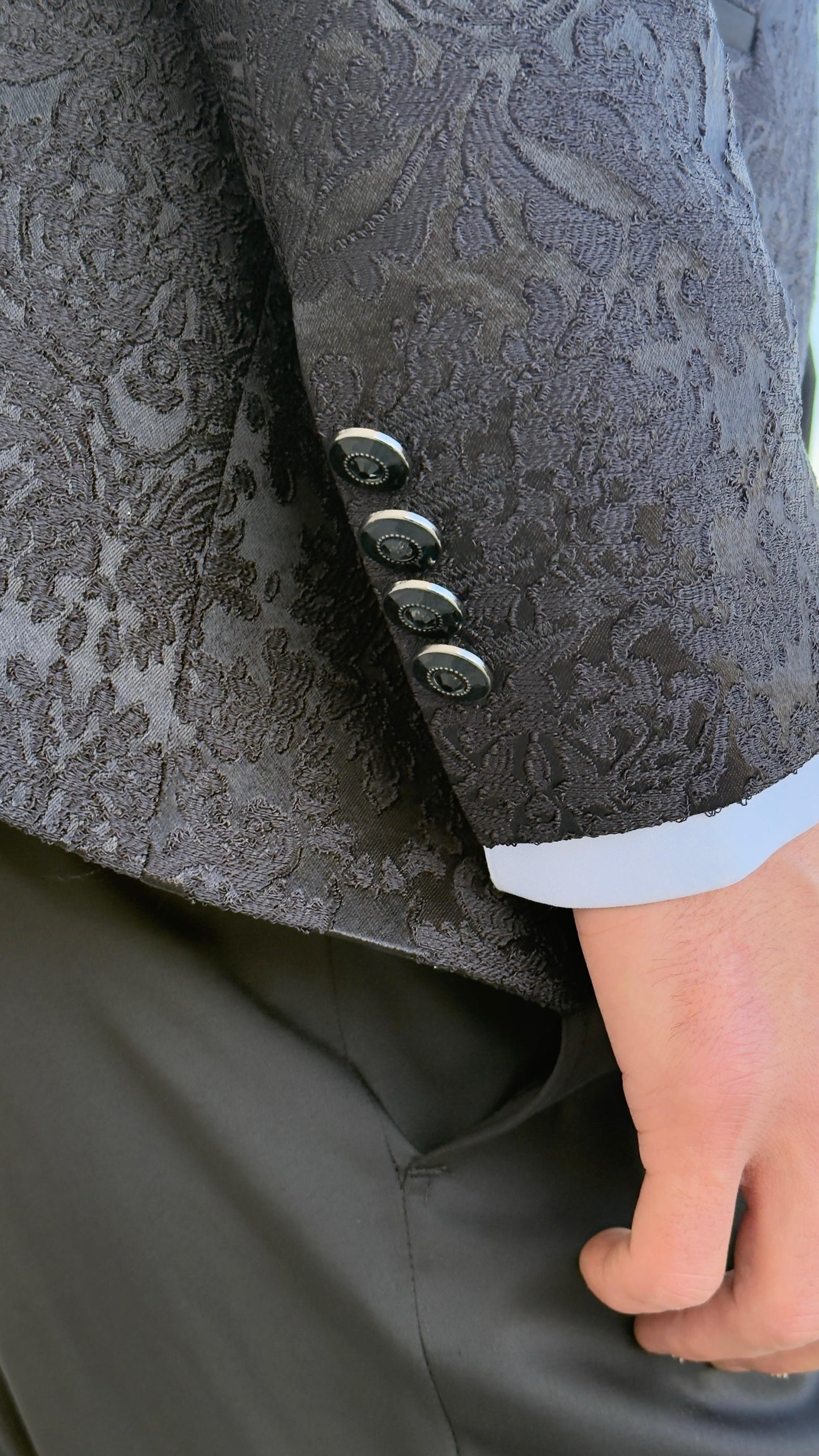Men's Black Paisley Tuxedo Mandarin Collar Tuxedo | Premium Tux