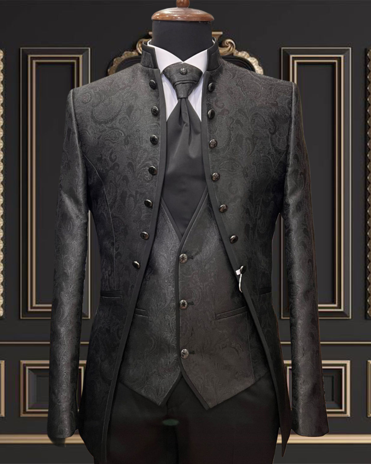 Men's Black Mandarin Collar Tuxedo with Floral Design – Stylish & Elegant