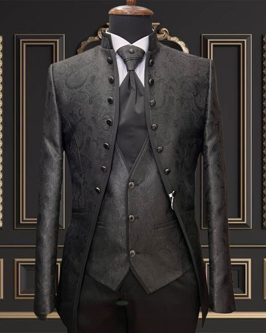 Men's Black Mandarin Collar Tuxedo with Floral Design – Stylish & Elegant