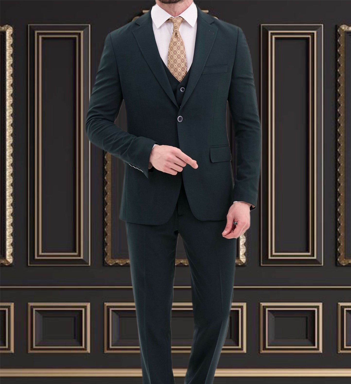 Men's hunter green slim fit 3-piece suit perfect for weddings and formal events, featuring blazer, vest, and tailored pants.