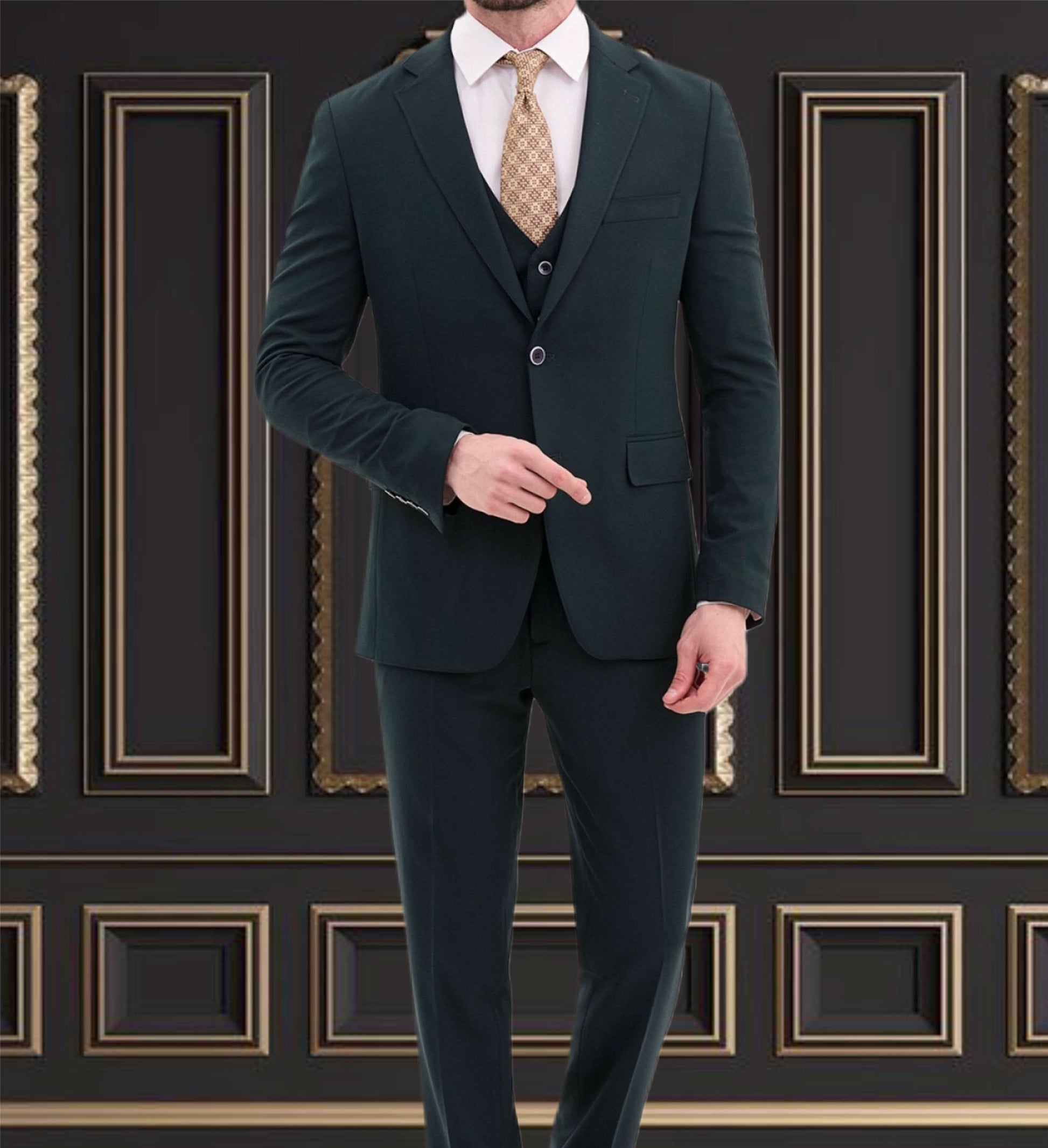 Men's hunter green slim fit 3-piece suit perfect for weddings and formal events, featuring blazer, vest, and tailored pants.
