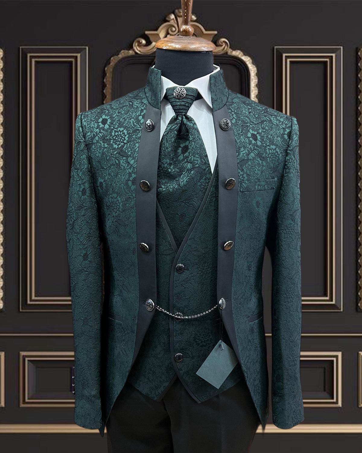 Men's Green Floral Mandarin Collar Tuxedo