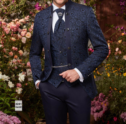 Men’s Navy Jacquard Mandarin Collar Tuxedo