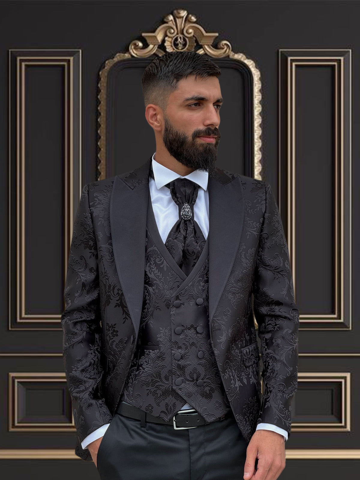 Men's Black Floral Design Tuxedo with Peak Lapel | Weddings & Events