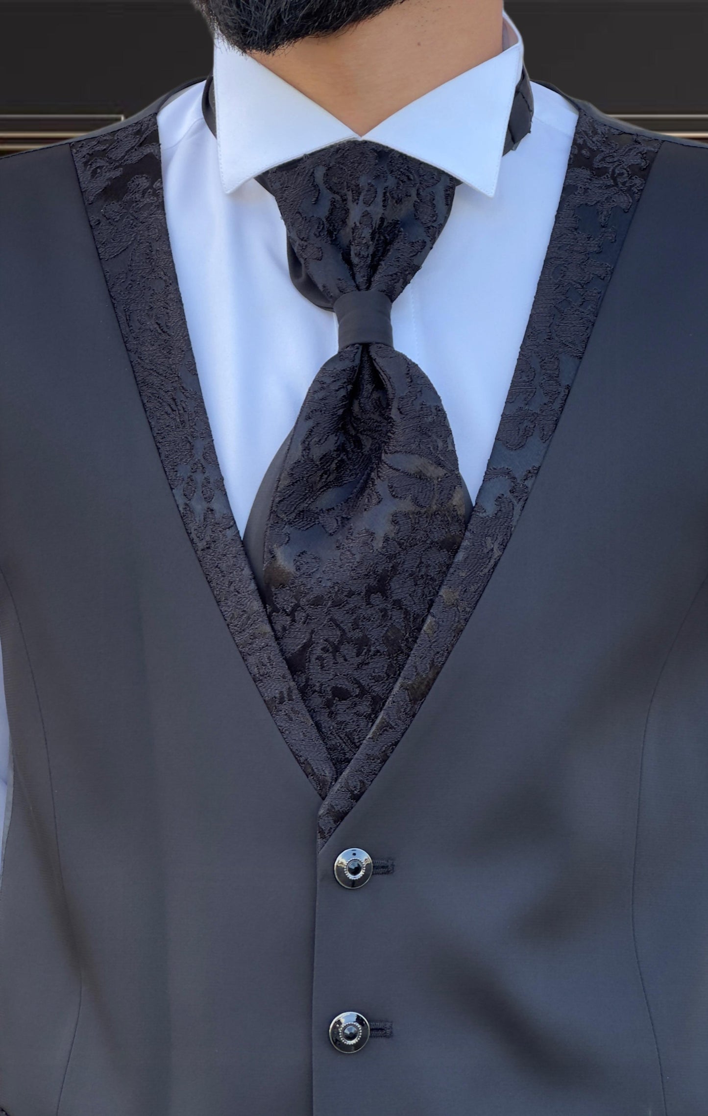 Men's Black Paisley Tuxedo Mandarin Collar Tuxedo | Premium Tux