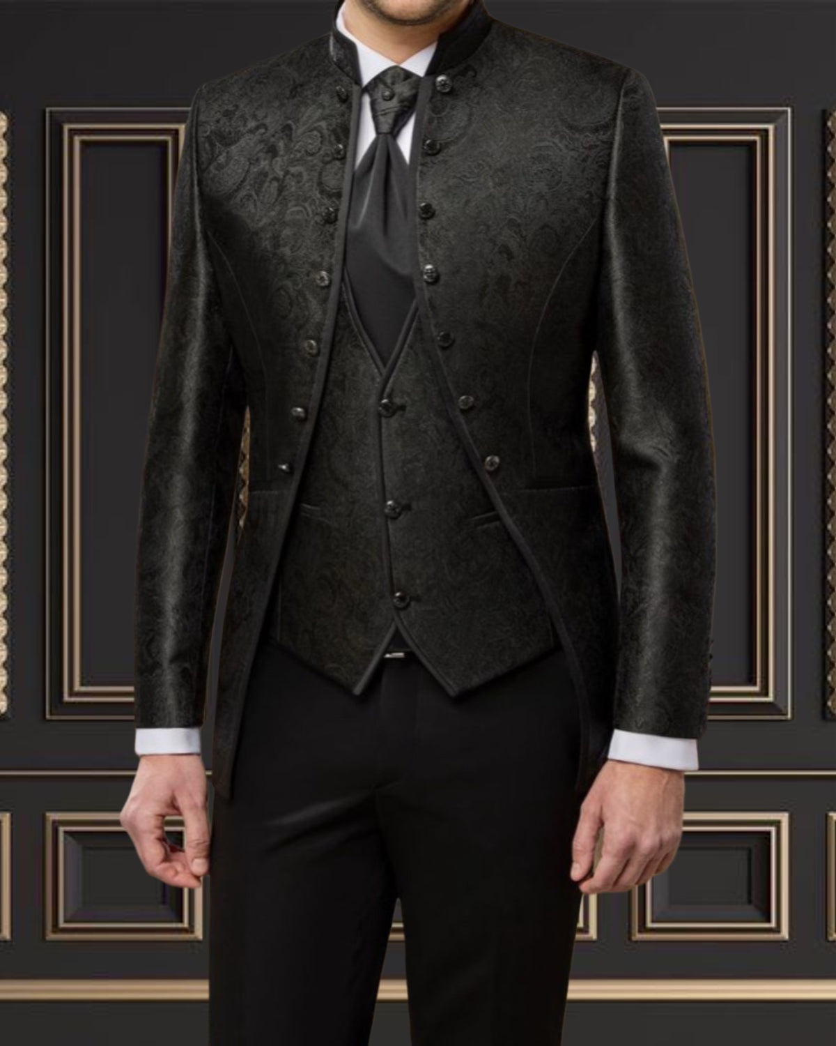 Men's Black Mandarin Collar Tuxedo with Floral Design – Stylish & Elegant