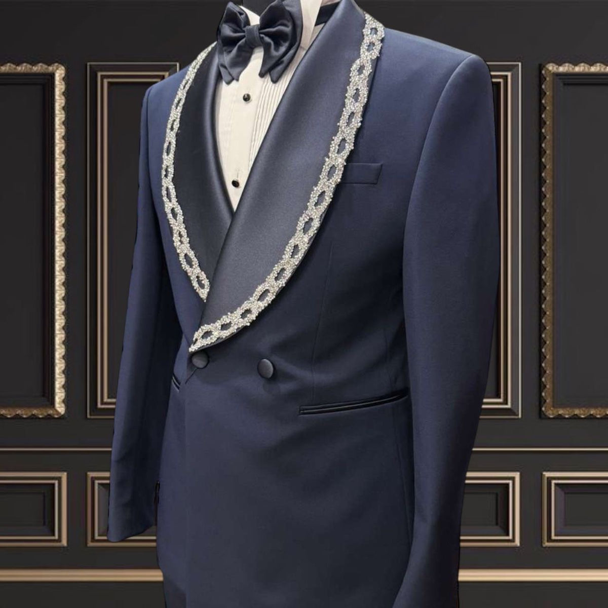 Men’s Navy Blue Double-Breasted Tuxedo with Embroidered Shawl Lapel