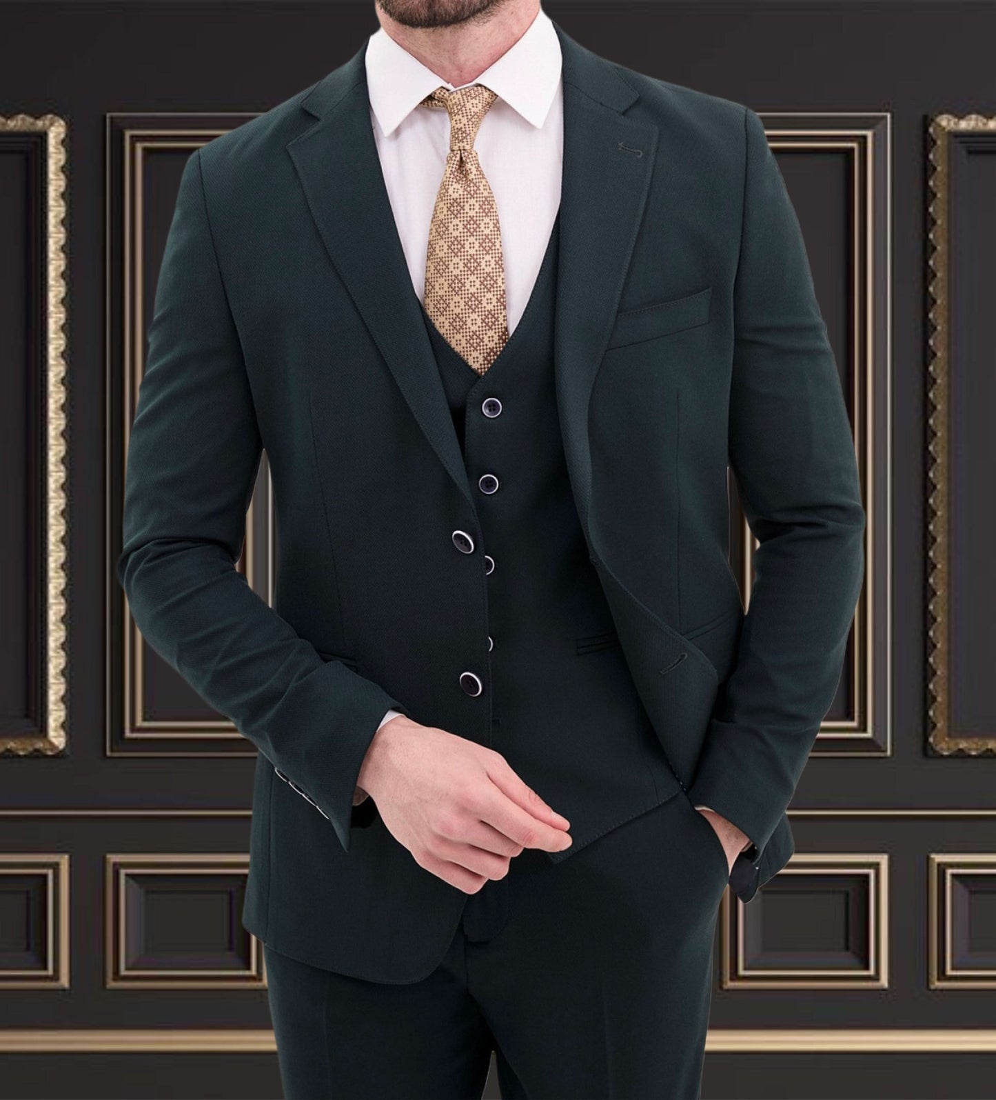 Men's hunter green 3-piece slim fit suit, perfect for weddings and formal events, featuring blazer, vest, and tailored pants.