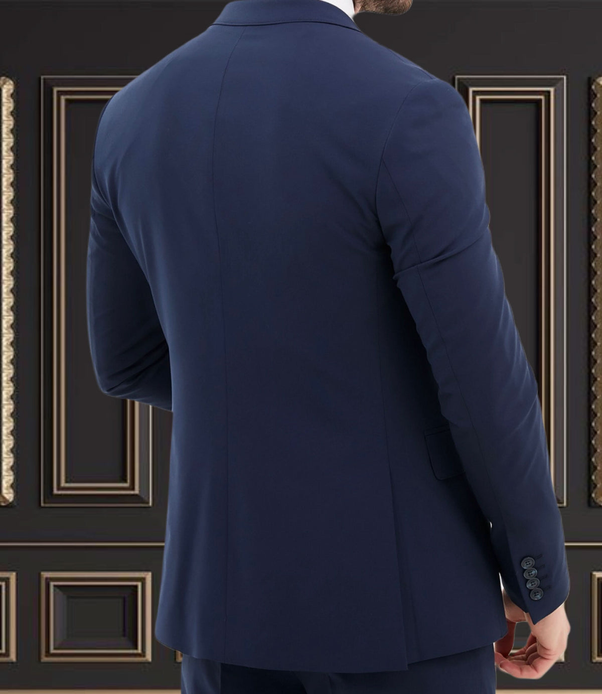 Back view of a dark blue 3-piece slim fit suit blazer, showcasing premium 4-way stretch material.