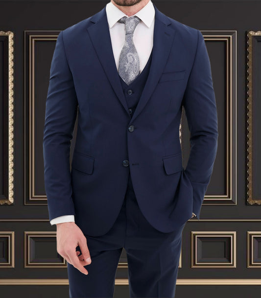 Dark blue 3 piece slim fit suit with blazer, vest, and pants, ideal for formal occasions.