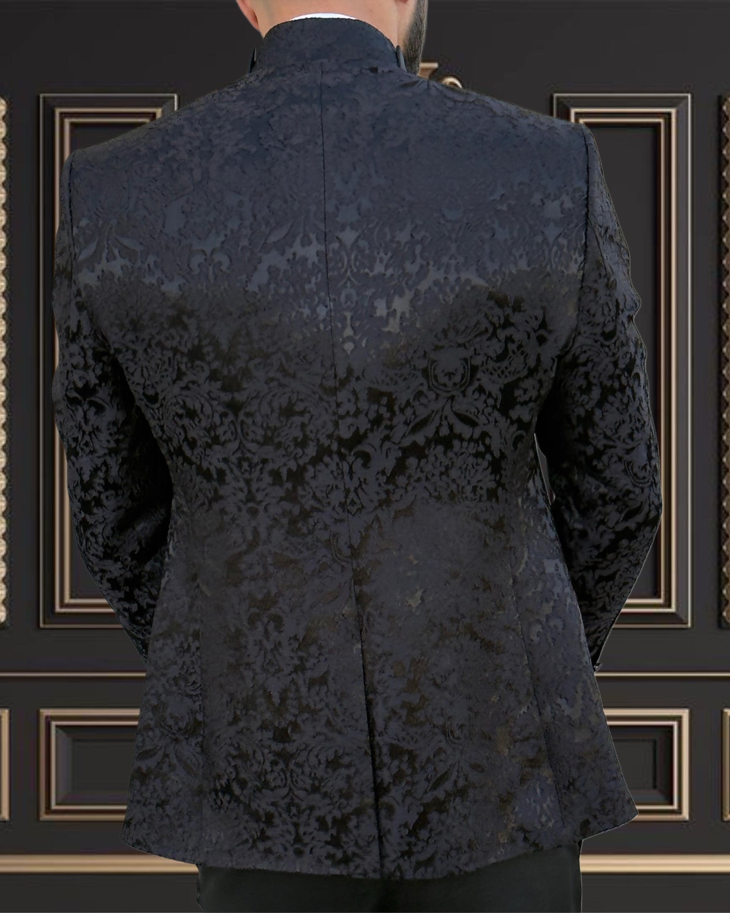 Men's Black Paisley Tuxedo Mandarin Collar Tuxedo | Premium Tux