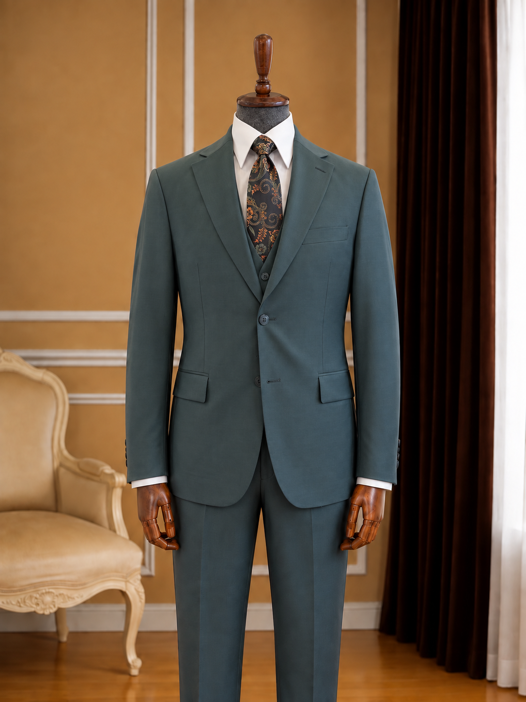 Men’s Dark Green 3-Piece Wool Suit