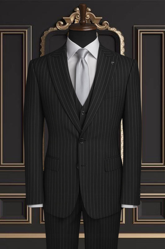 Men’s Black Pinstripe Suit with Silver Lines