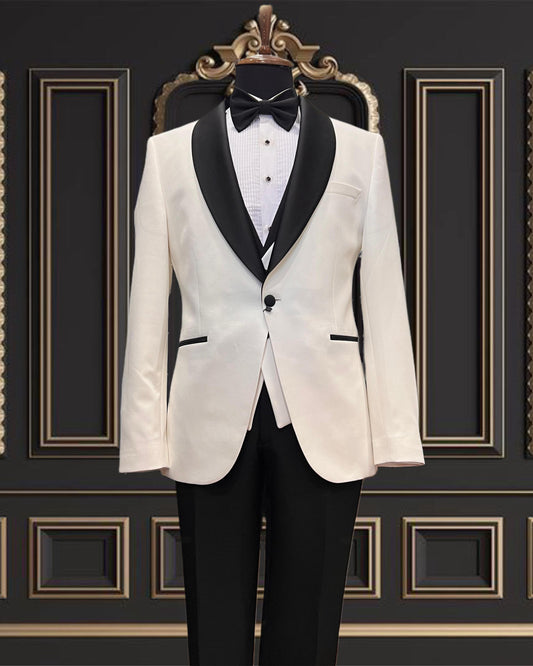 Men’s White Tuxedo with Black Shawl Lapel  – Perfect for Weddings & Galas
