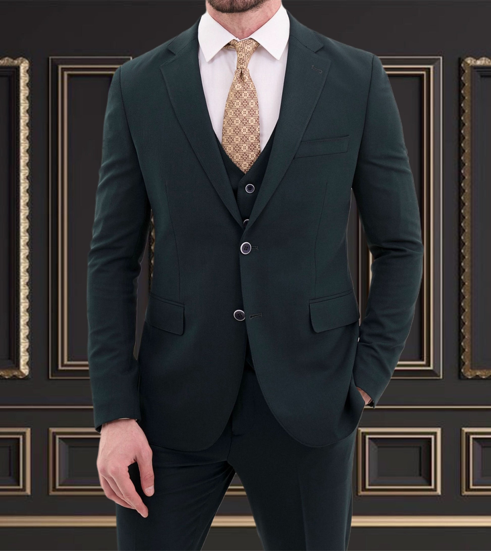 Men's hunter green 3-piece suit with slim fit, ideal for weddings and formal events, featuring a blazer, vest, and tie.