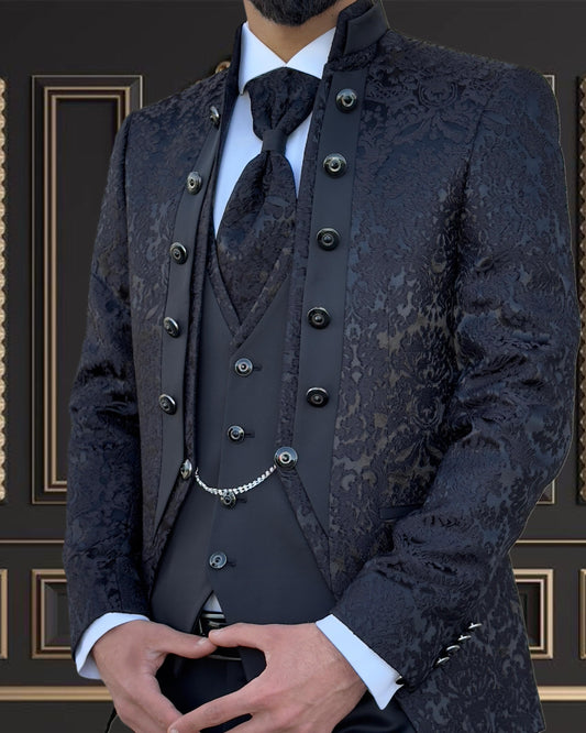 Men's Black Paisley Tuxedo Mandarin Collar Tuxedo | Premium Tux