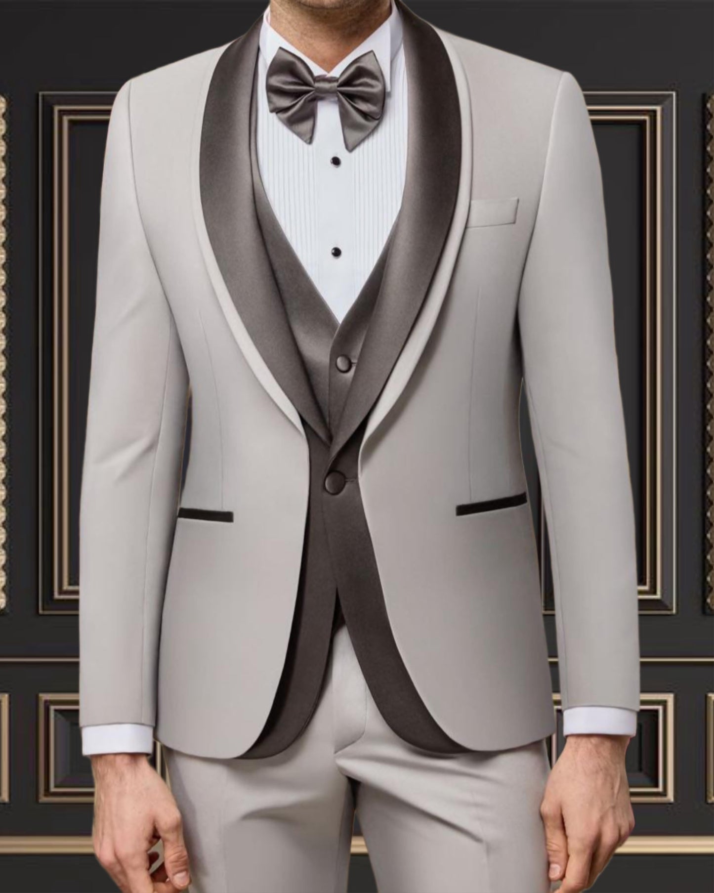 Men’s Silver Tuxedo with gray Shawl Lapel & Matching Vest